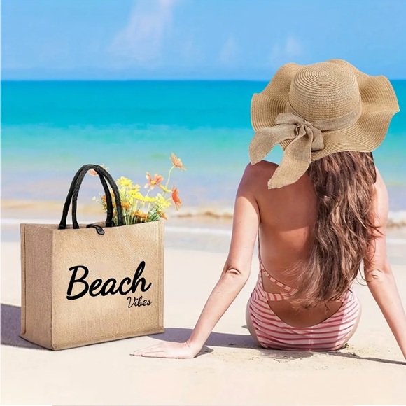 3-pc Beige Beach Vibes Tote Bag, Hat, and Clutch Set - Picture 10 of 10